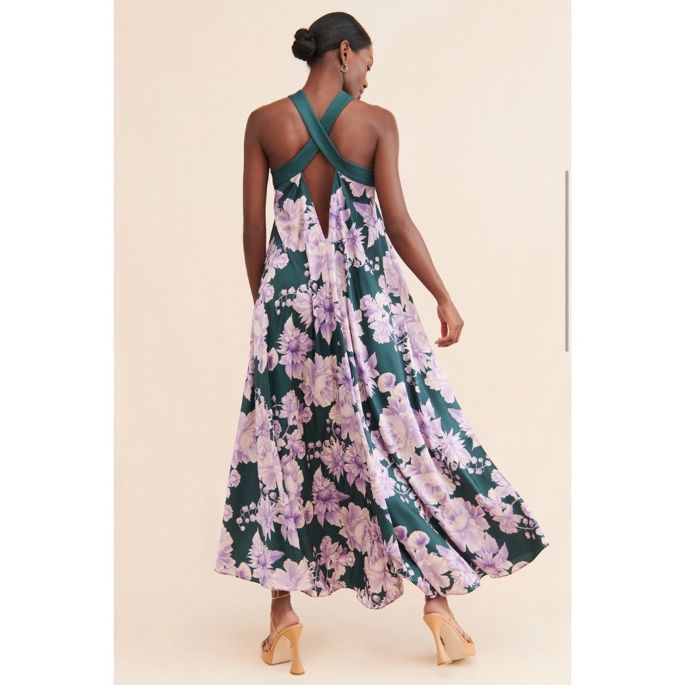 Anthropologie Green and Purple Floral Midi Dress - Picture 2 of 6
